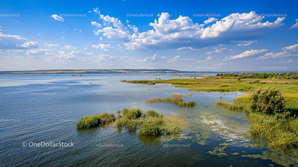 Idyllic Lake Landscape with Lush Greenery and Blue Sky