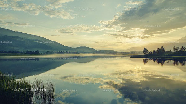 Golden Hour Reflection on Tranquil Lake with Misty Mountains
