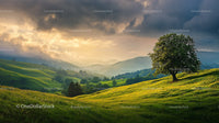 Solitary Tree on Sunlit Hills at Sunset