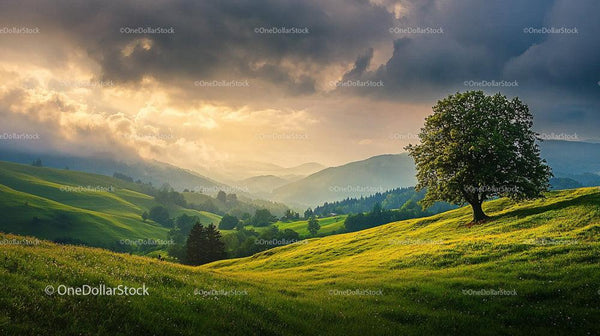 Solitary Tree on Sunlit Hills at Sunset