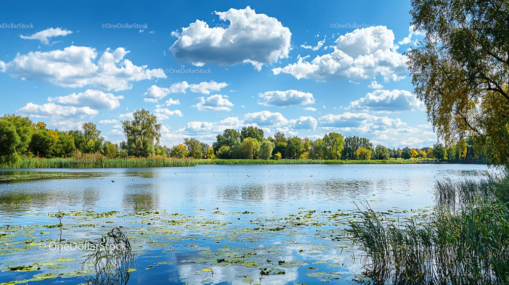Spokojne jezioro z bujną zielenią i puszystymi chmurami