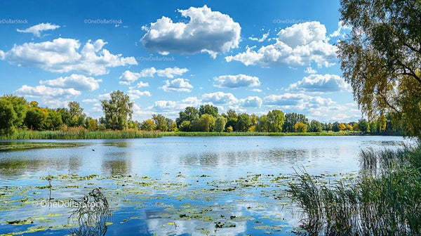 Serene Lake with Lush Greenery and Fluffy Clouds