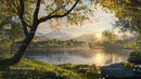 Idyllic Lake with Golden Sunlight and Majestic Mountains