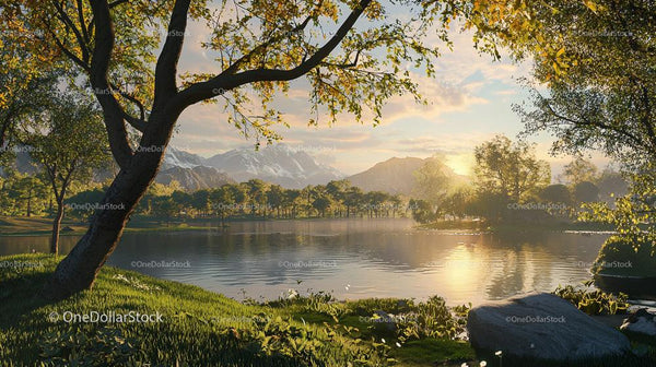 Idyllic Lake with Golden Sunlight and Majestic Mountains