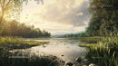 Golden Hour at a Serene Lake Surrounded by Lush Greenery