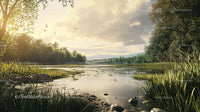 Golden Hour at a Serene Lake Surrounded by Lush Greenery