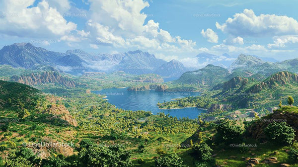 Panoramic Mountain Landscape with Tranquil Lake and Lush Greenery