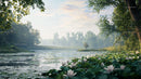 Serene Pond with Water Lilies and Lush Greenery