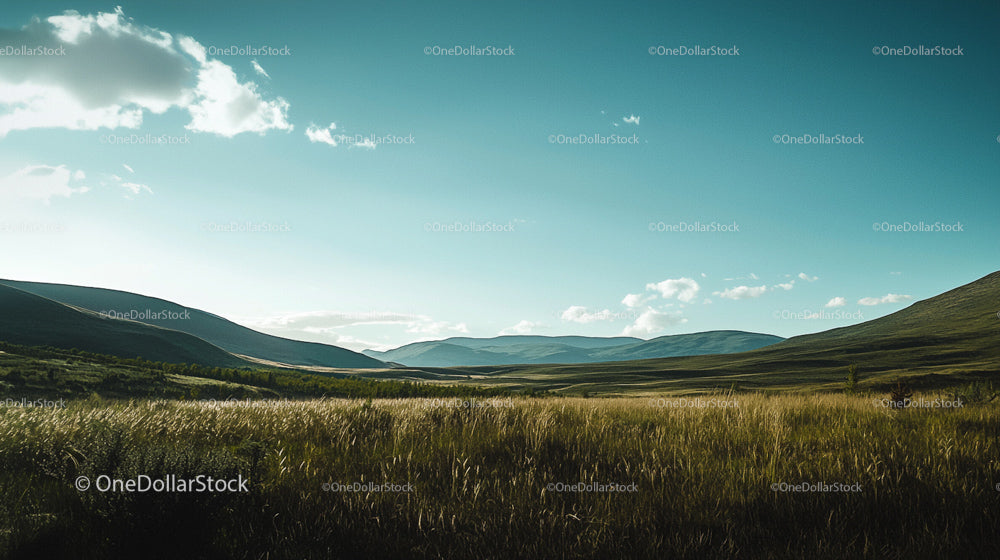 Serene Mountain Landscape with Grassy Field and Blue Sky