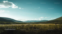 Serene Mountain Landscape with Grassy Field and Blue Sky