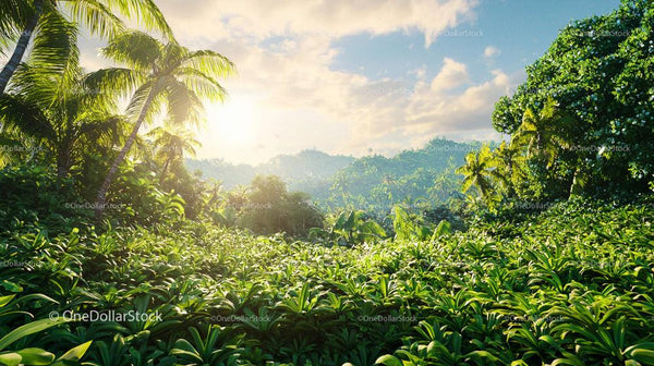 Sunlit Tropical Jungle with Lush Palm Trees and Green Foliage
