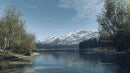Tranquil Lake with Snowcapped Mountain Peaks and Birch Trees