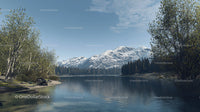Tranquil Lake with Snowcapped Mountain Peaks and Birch Trees