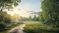 Idyllic Sunset Over Lush Green Meadows and Winding Path