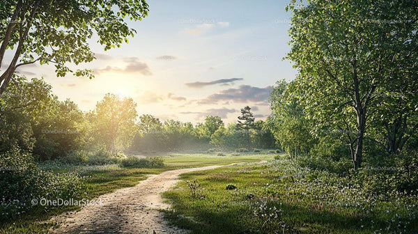Idyllic Sunset Over Lush Green Meadows and Winding Path