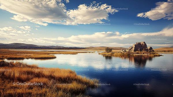 Serene Autumn Landscape with Rocky Island and Reflective Lake