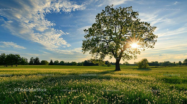 Solitary Tree in Sunlit Meadow During Golden Hour