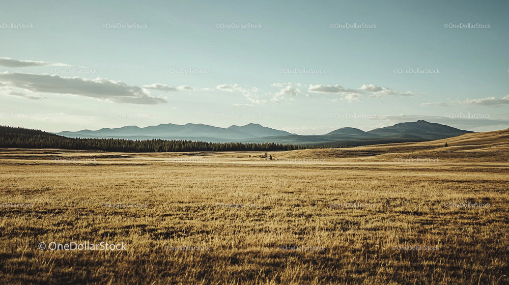 Expansive Golden Prairie with Distant Mountain Range