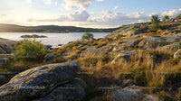 Rocky Coastal Landscape with Grassy Hills at Sunset
