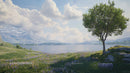Solitary Tree by Serene Lakeside Meadow with Mountain View