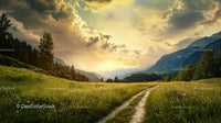 Serene Mountain Path at Sunset with Lush Green Fields