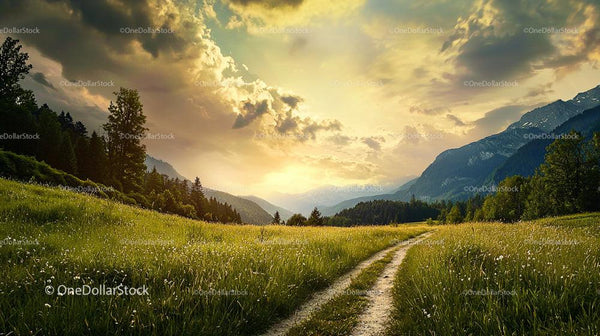 Serene Mountain Path at Sunset with Lush Green Fields