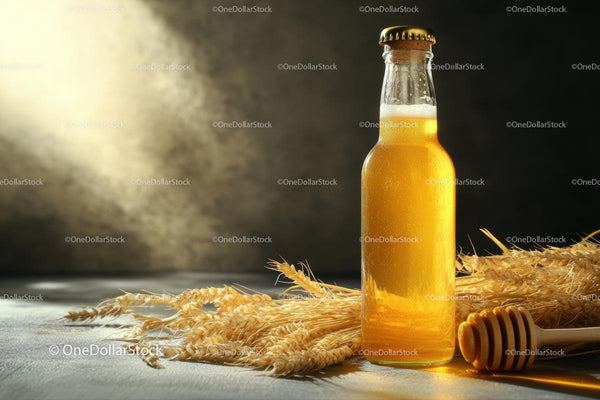 Golden Beer Bottle with Wheat and Honey
