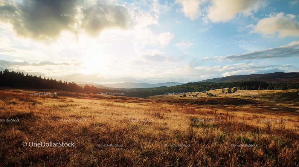 Golden Meadow at Sunset with Expansive Scenic View