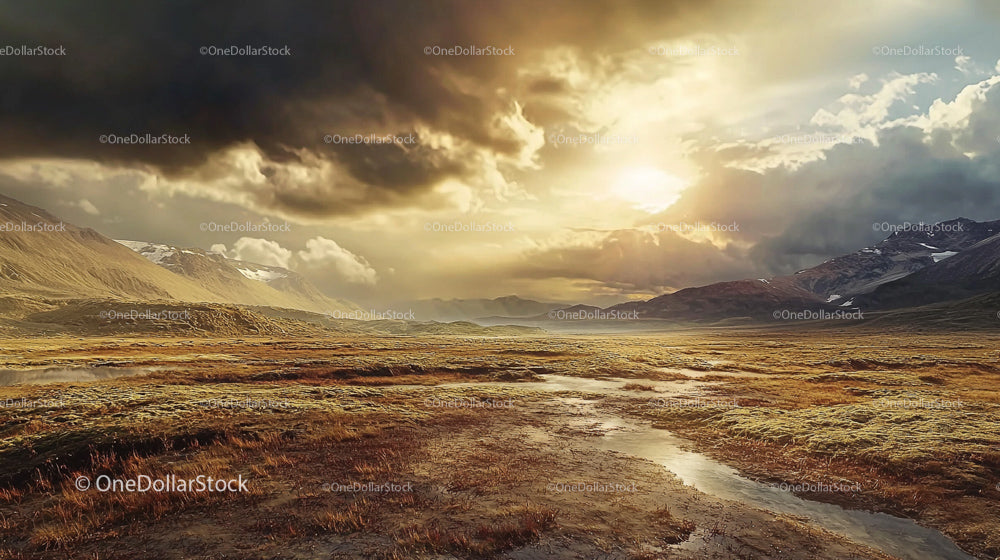 Golden Sunset Over Majestic Mountain Valley