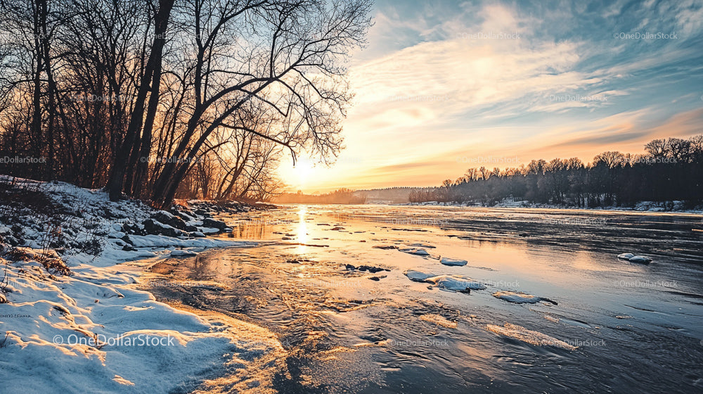 Winter Sunset over Frozen River with Bare Trees