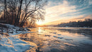 Winter Sunset over Frozen River with Bare Trees