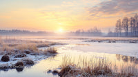 Frosty Winter Sunrise Over a Serene Marsh Landscape