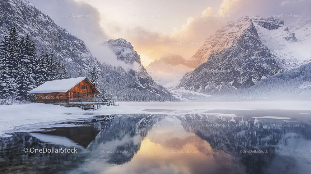 Tranquil Snowy Mountain Lake with Wooden Cabin and Reflection