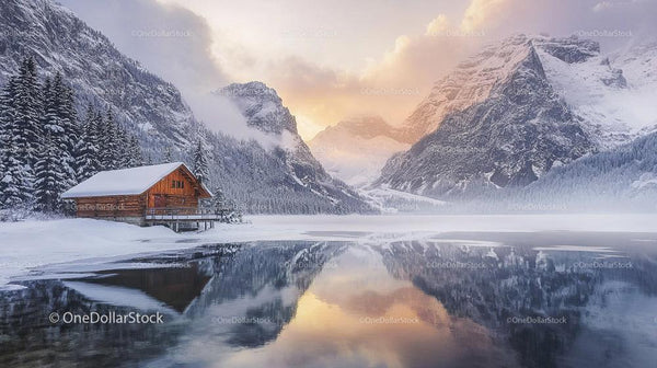 Tranquil Snowy Mountain Lake with Wooden Cabin and Reflection