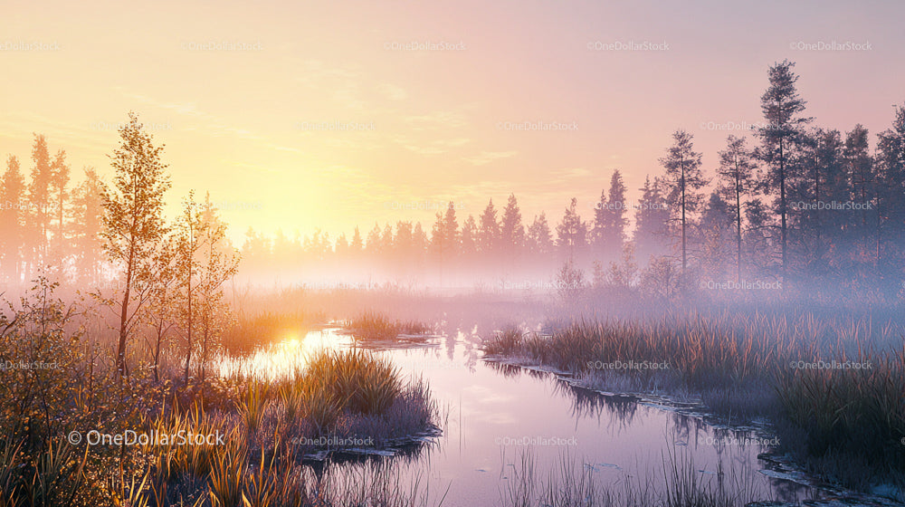 Misty Sunrise Over Serene Forest Swamp