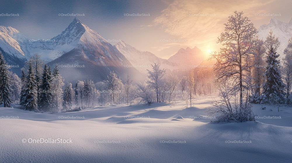 Serene Winter Landscape with Snowy Mountains at Sunrise