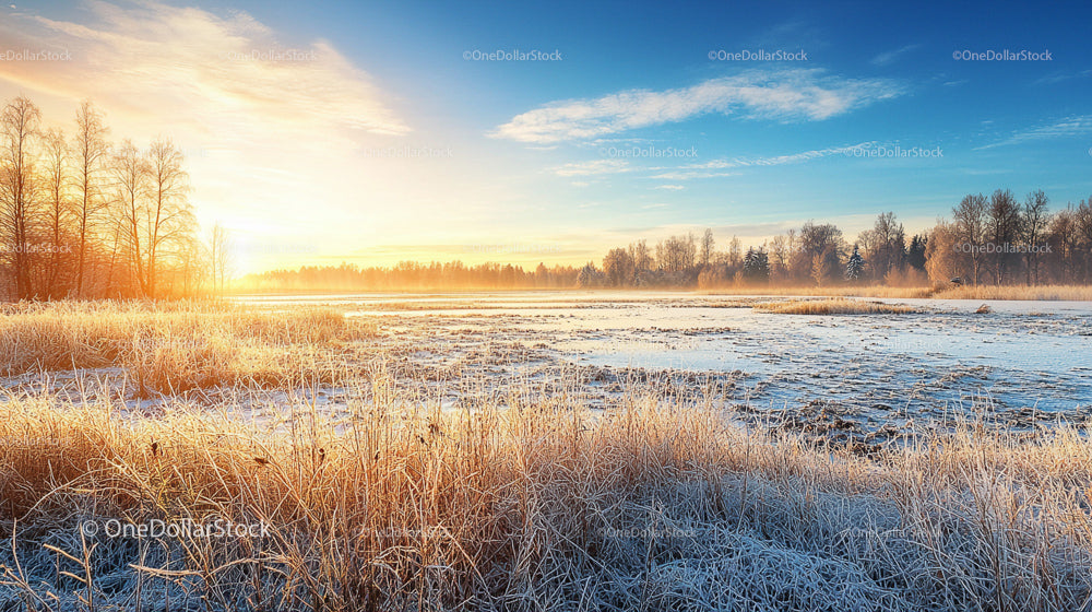 Frosty Winter Sunrise Over Tranquil Field and Trees