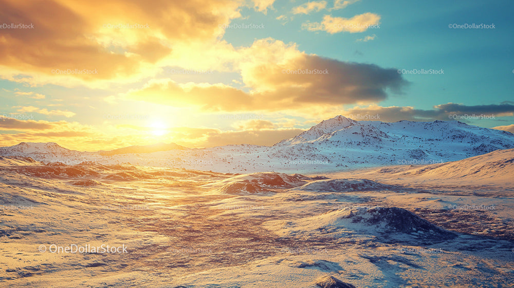 Golden Sunset Over Snowy Mountain Landscape