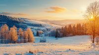 Golden Sunset Over Snowy Winter Landscape with Frosty Trees