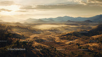 Golden Hour View Over Misty Valley and Rolling Hills