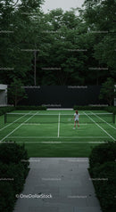 Young Girl Playing Tennis on Outdoor Court Surrounded by Trees