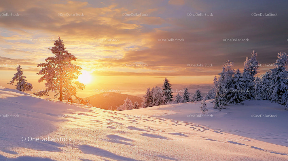 Scenic Winter Sunset Over Snow-Covered Forest and Hills