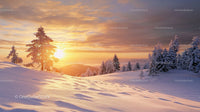 Scenic Winter Sunset Over Snow-Covered Forest and Hills