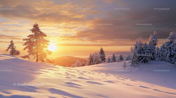 Scenic Winter Sunset Over Snow-Covered Forest and Hills