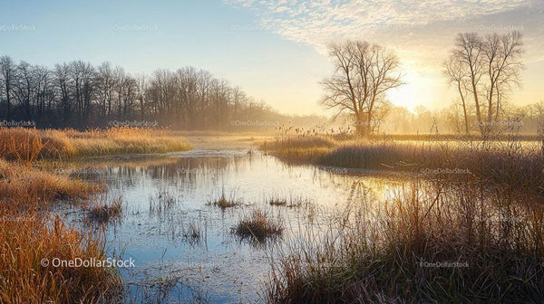 Serene Sunrise Over Misty Lake with Reeds and Bare Trees