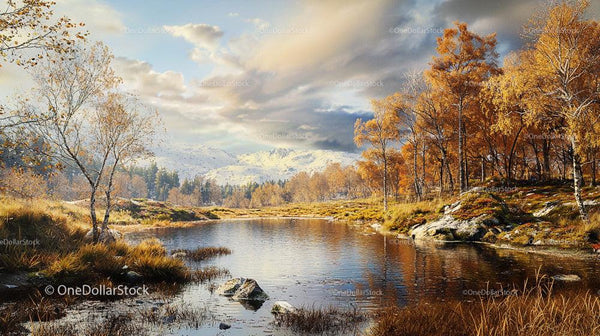 Tranquil Autumn Landscape with Reflective Lake and Golden Trees
