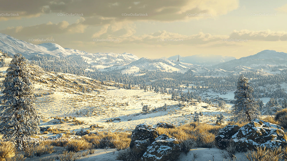 Snow-Covered Mountains and Frosty Pines in Winter Landscape