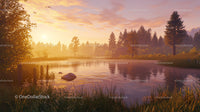 Serene Lake at Sunset Surrounded by Lush Pine Trees