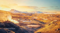 Golden Icelandic Landscape with Steaming Geothermal Springs