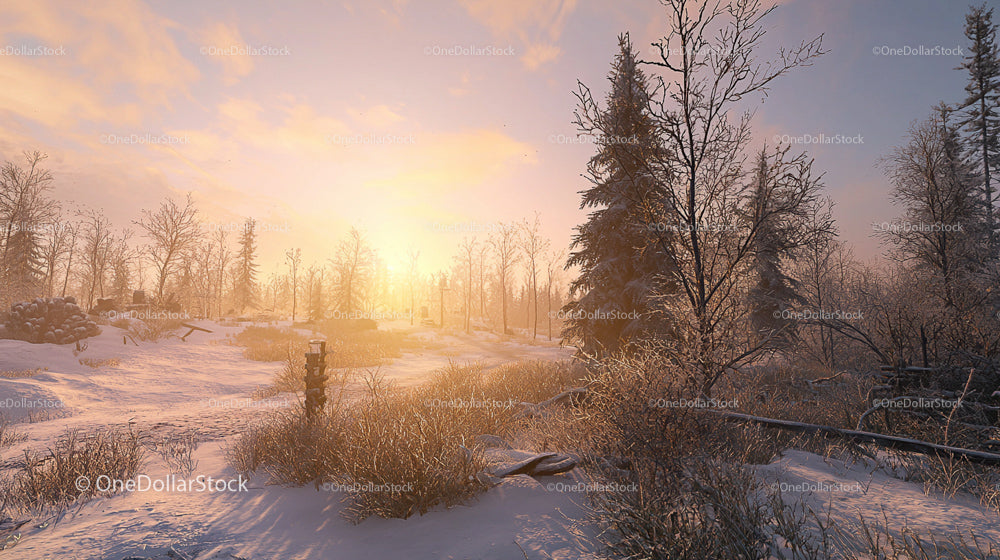 Snowy Winter Landscape with Frosty Trees and Sunrise Glow